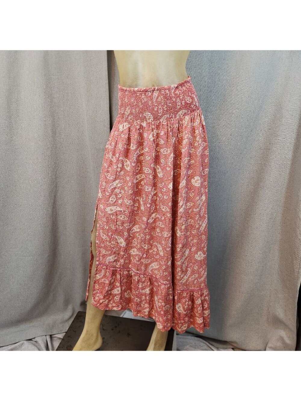 Italian Connection Pink Paisley Elastic Waist Midi Skirt MEDIUM LARGE Side Slit